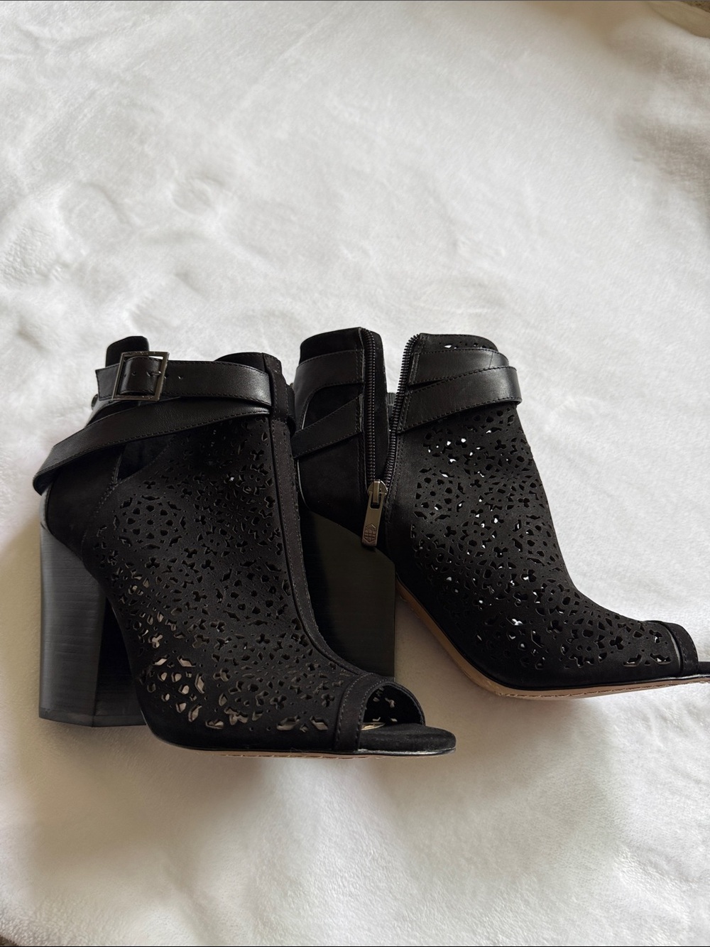Vince Camuto Black Perforated Buckle Ankle Booties